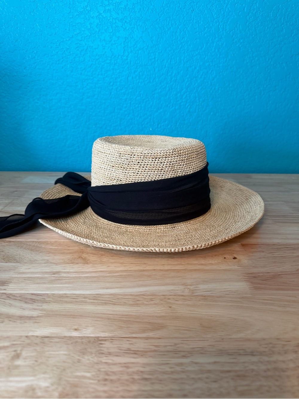 Scala Wide-Brim Straw Sun Hat with Black Scarf Accent - Picture 3 of 11